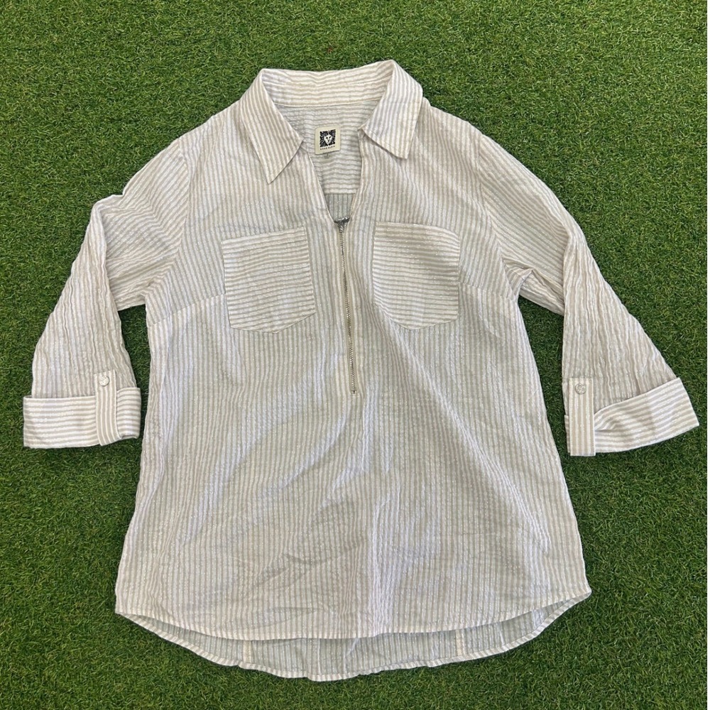 Anne Klein Womens Tan White Striped Metallic Silver Half Zip Tunic Top Size S